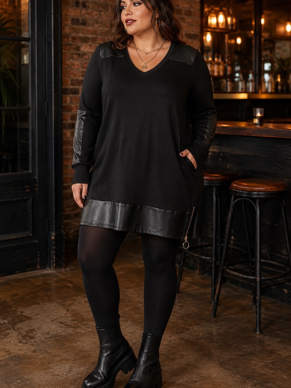 Say What? Plus 1X Black Faux Leather Trim Sweater Dress Tunic Goth Y2K